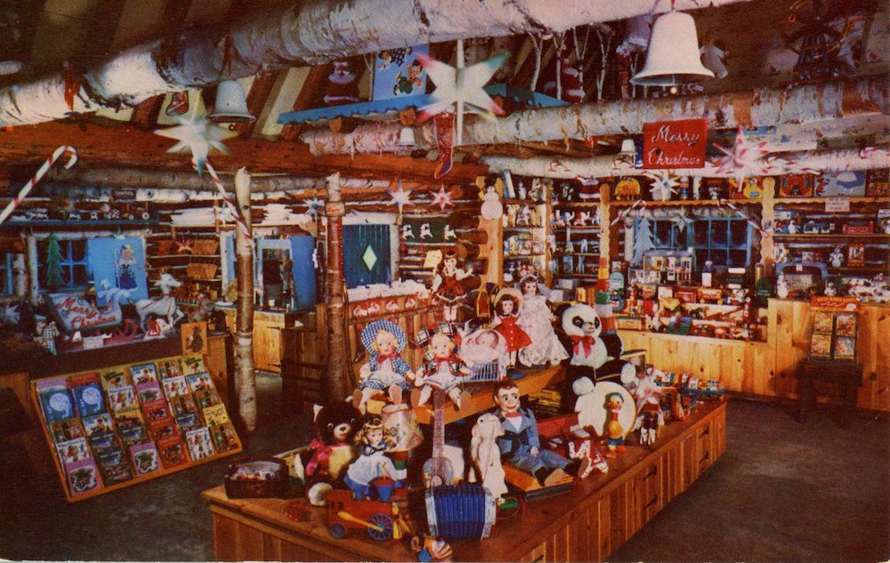 Gifts at Santa’s Workshop, Vintage Postcard, circa 1950s