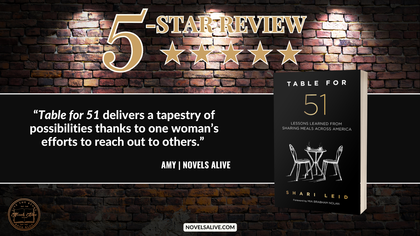Novels Alive 5STAR REVIEW TABLE FOR 51 by Shari Leid
